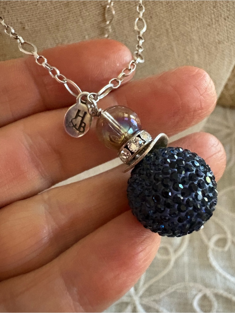 Hillberg & Berk Large Navy Blue Sparkle Ball Necklace 925 Sterling Silver